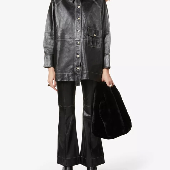 GANNI Oversized Contrast-Stitched Leather Shirt - Picture 1 of 8